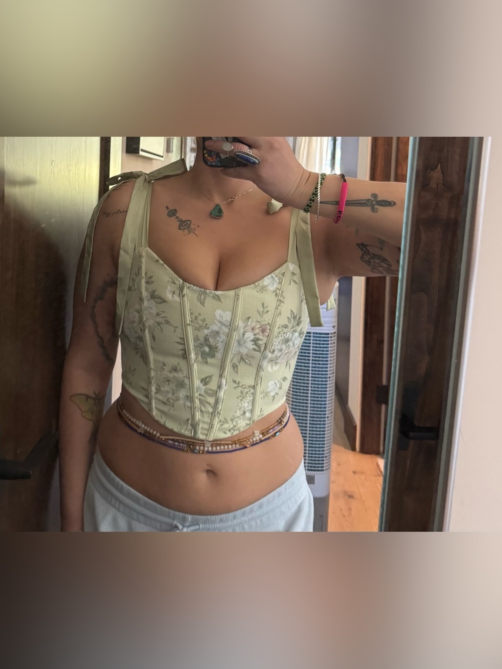 MINE Pale Green Floral Tie-Shoulder Corset Crop Top